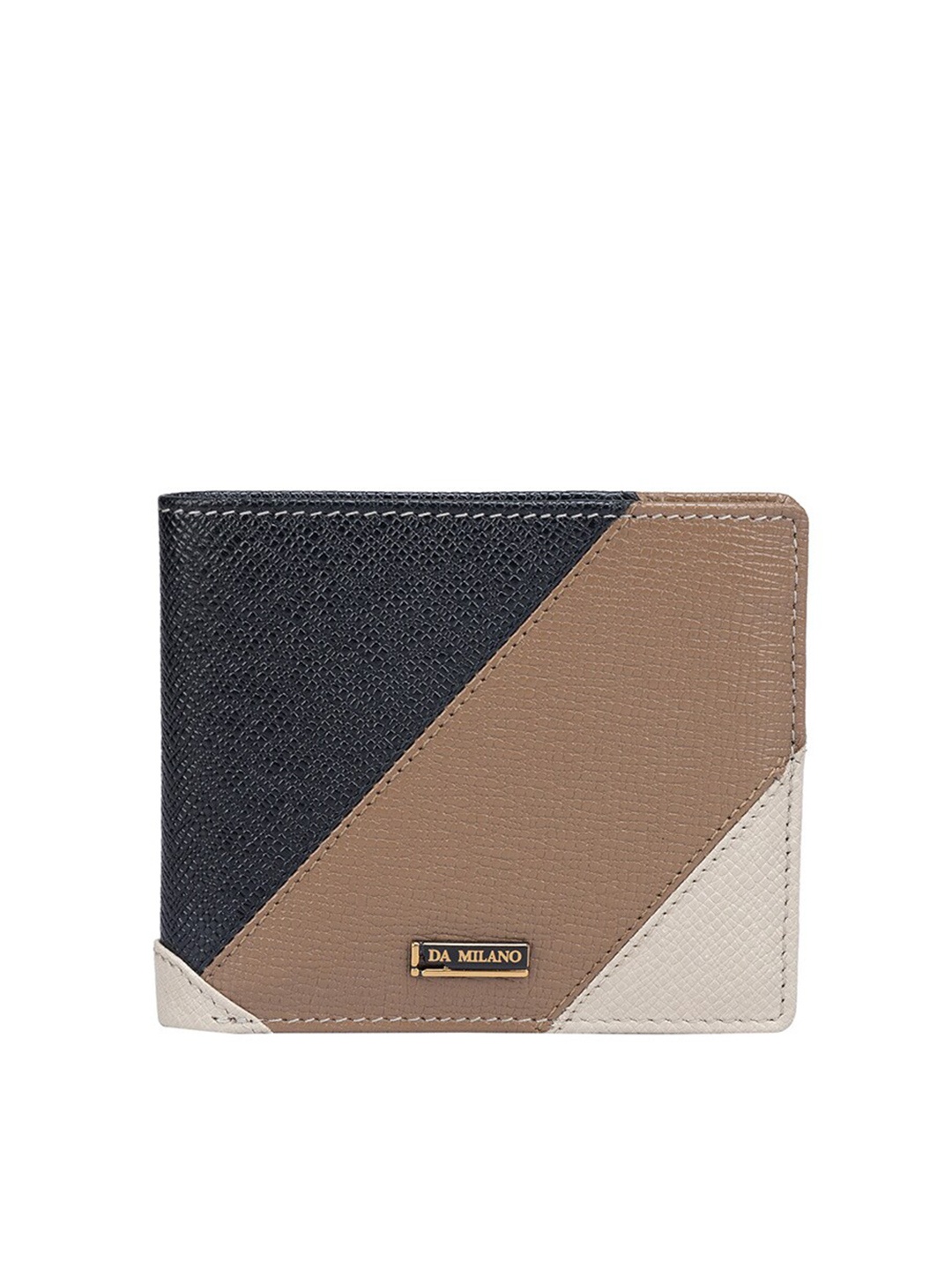 Da Milano Men Colourblocked Leather Two Fold Wallet, Black