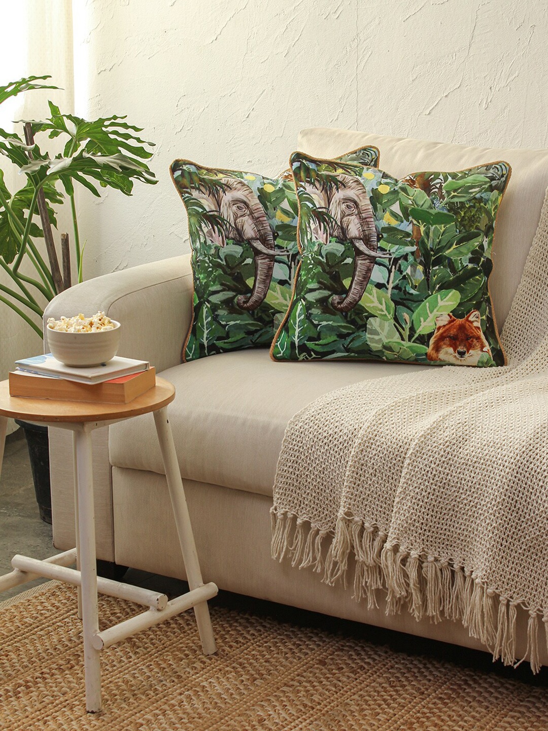 House This Bandipur Green & White 2 Pieces Printed Square Cushion Covers