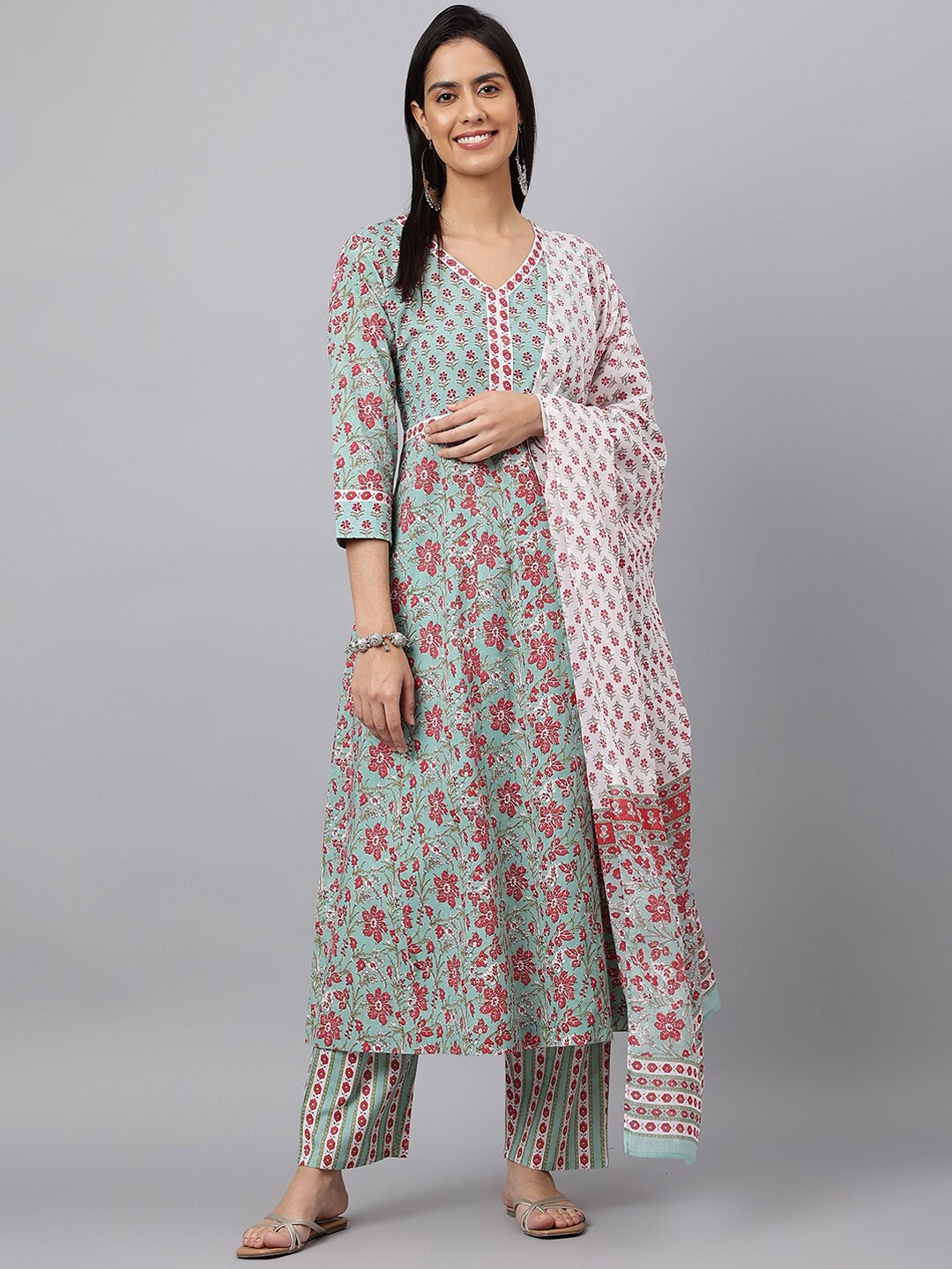KALINI Floral Printed Sequinned Pure Cotton A-Line Kurta With Trousers & Dupatta, Green
KALINI Floral Printed Sequinned Pure Cotton A-Line Kurta With Trousers & Dupatta, Green