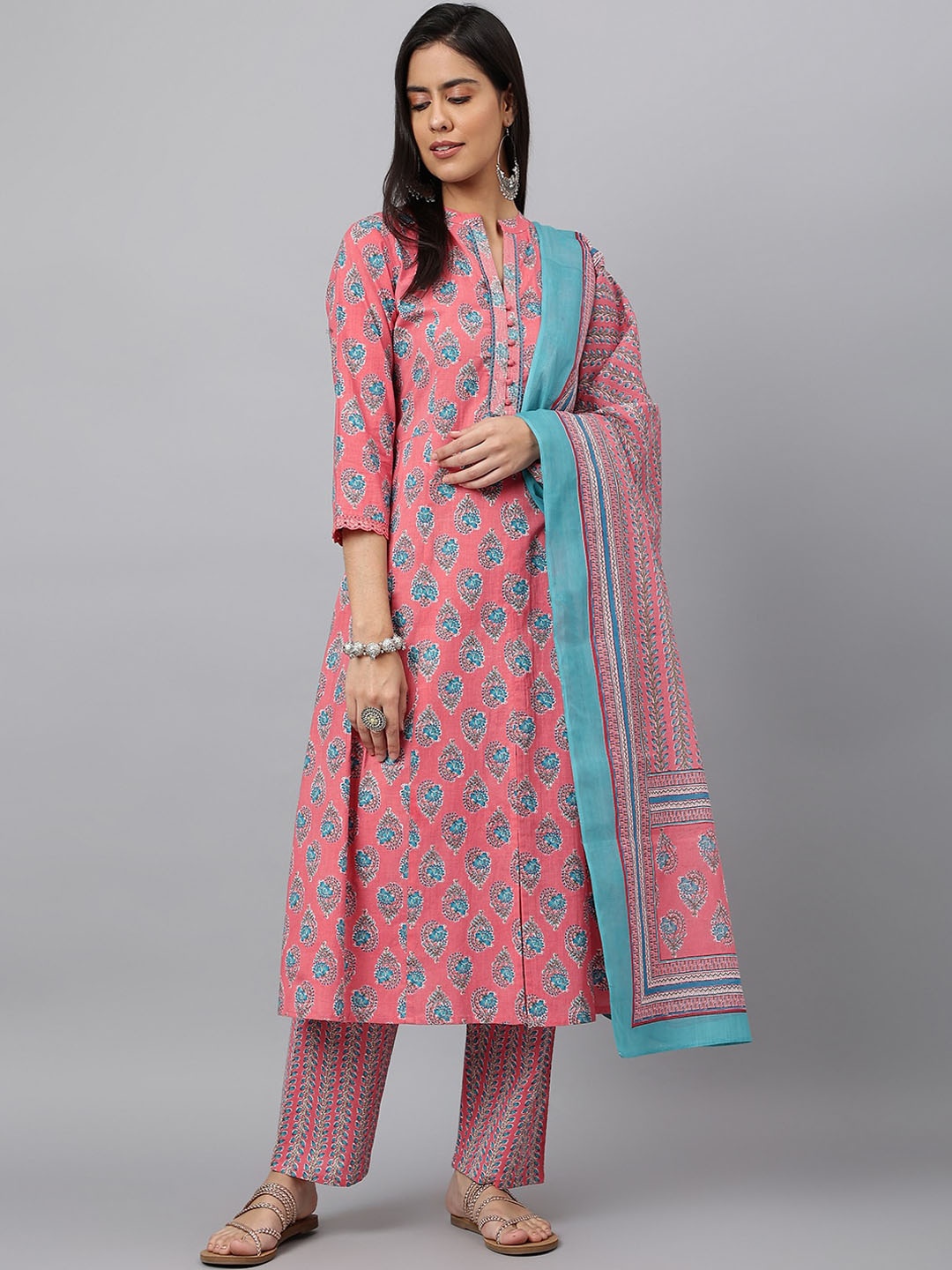 KALINI Floral Printed Sequinned Pure Cotton A-Line Kurta With Trousers & Dupatta, Pink
KALINI Floral Printed Sequinned Pure Cotton A-Line Kurta With Trousers & Dupatta, Pink