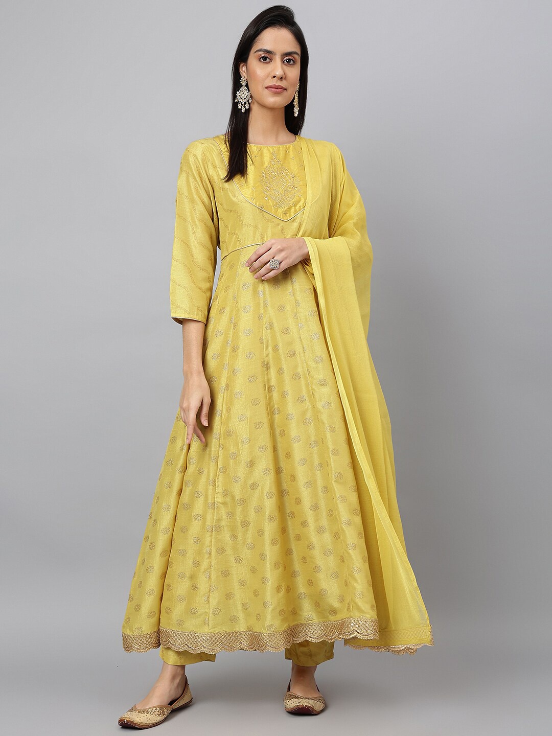 KALINI Ethnic Motifs Printed Zari Anarkali Kurta with Trousers & With Dupatta, Yellow
KALINI Ethnic Motifs Printed Zari Anarkali Kurta with Trousers & With Dupatta, Yellow