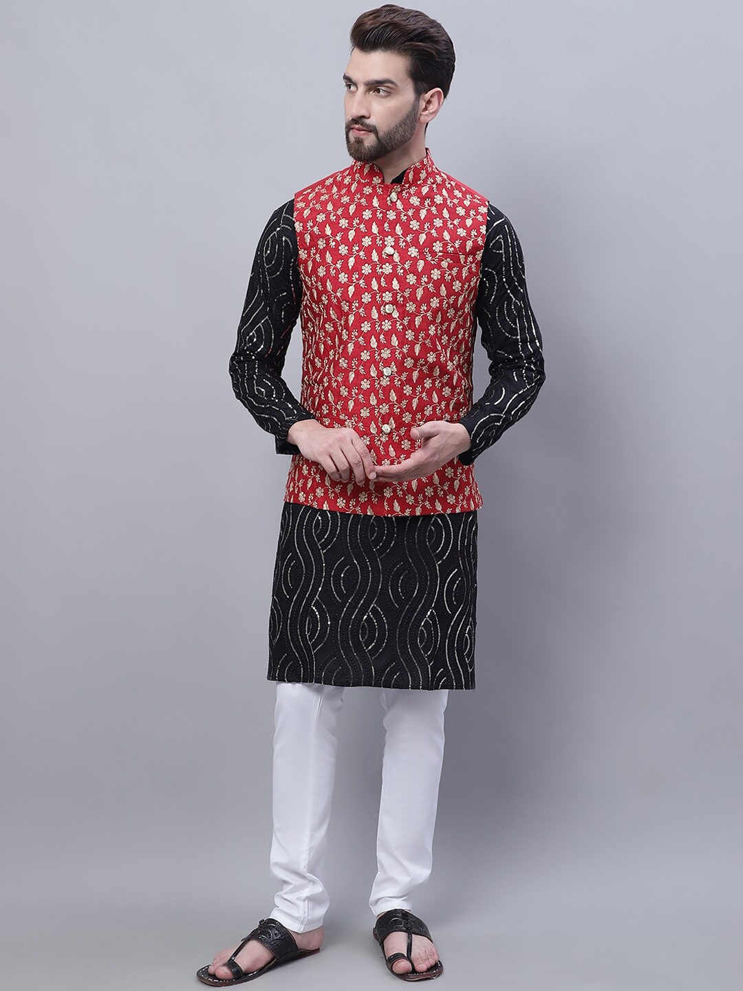 SOJANYA Leheriya Embroidered Sequinned Pure Cotton Kurta with Pyjamas & Nahru Jacket, Black
SOJANYA Leheriya Embroidered Sequinned Pure Cotton Kurta with Pyjamas & Nahru Jacket, Black