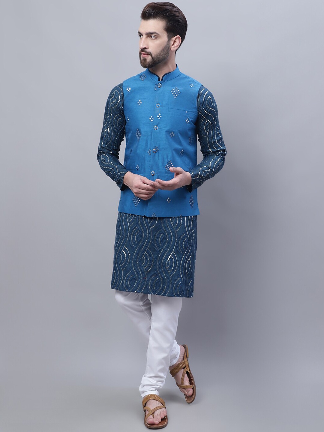 SOJANYA Embroidered Sequined Pure Cotton Kurta With Churidar With Nehru Jacket, Teal
SOJANYA Embroidered Sequined Pure Cotton Kurta With Churidar With Nehru Jacket, Teal