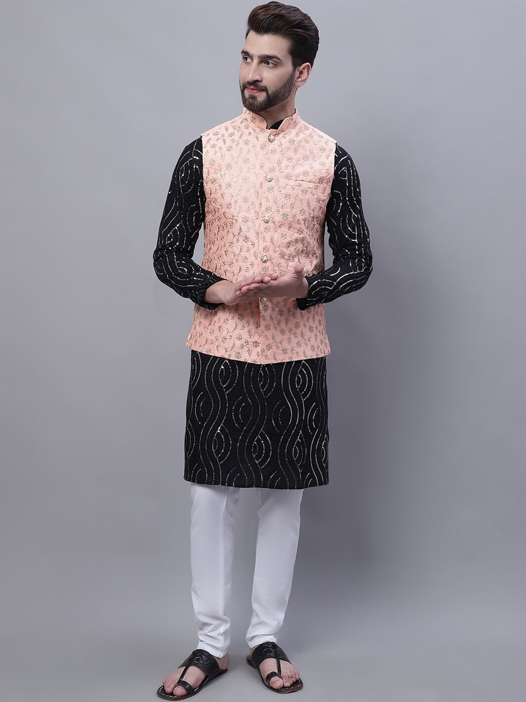 SOJANYA Embroidered Sequined Pure Cotton Kurta With Churidar With Nehru Jacket, Black
SOJANYA Embroidered Sequined Pure Cotton Kurta With Churidar With Nehru Jacket, Black