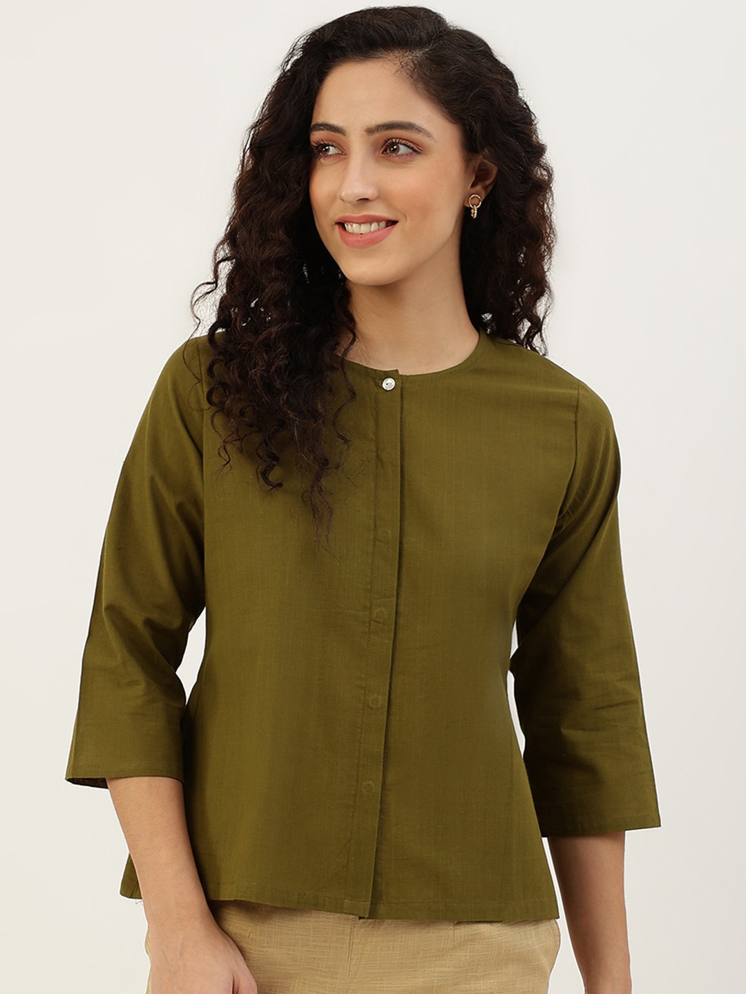 Lokatita Button Down Pleated Pure Cotton Top, Green