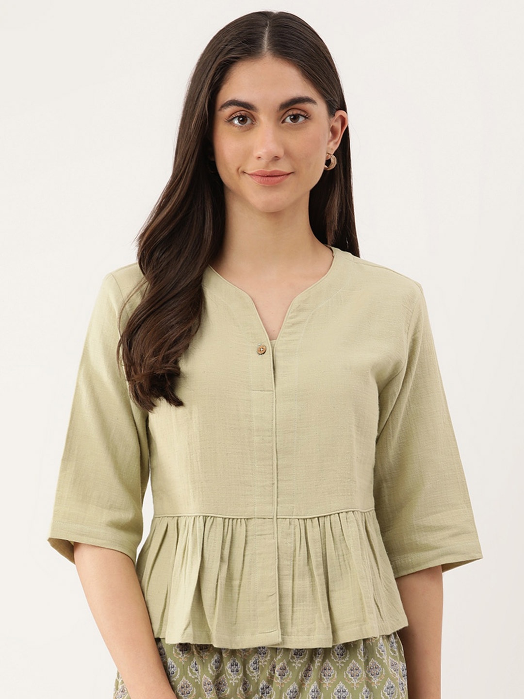 Lokatita V Neck Gathered Or Pleated Pure Cotton Peplum Top, Green
