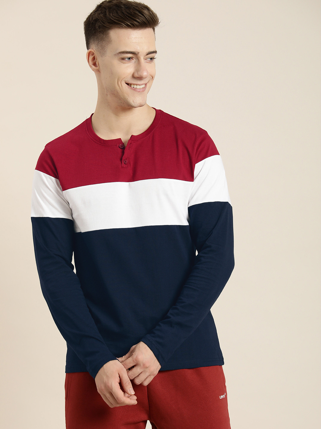 HERE&NOW Colourblocked Henley Neck Pure Cotton T-shirt, Navy blue
HERE&NOW Colourblocked Henley Neck Pure Cotton T-shirt, Navy blue