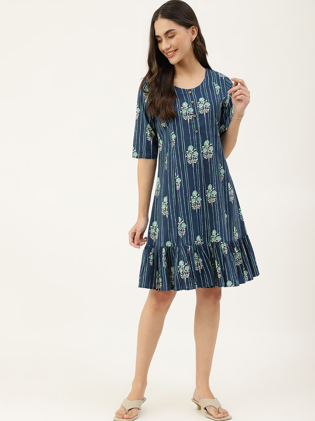 KALINI Ethnic Motifs Print Cotton A-Line Dress, Blue 
KALINI Ethnic Motifs Print Cotton A-Line Dress, Blue