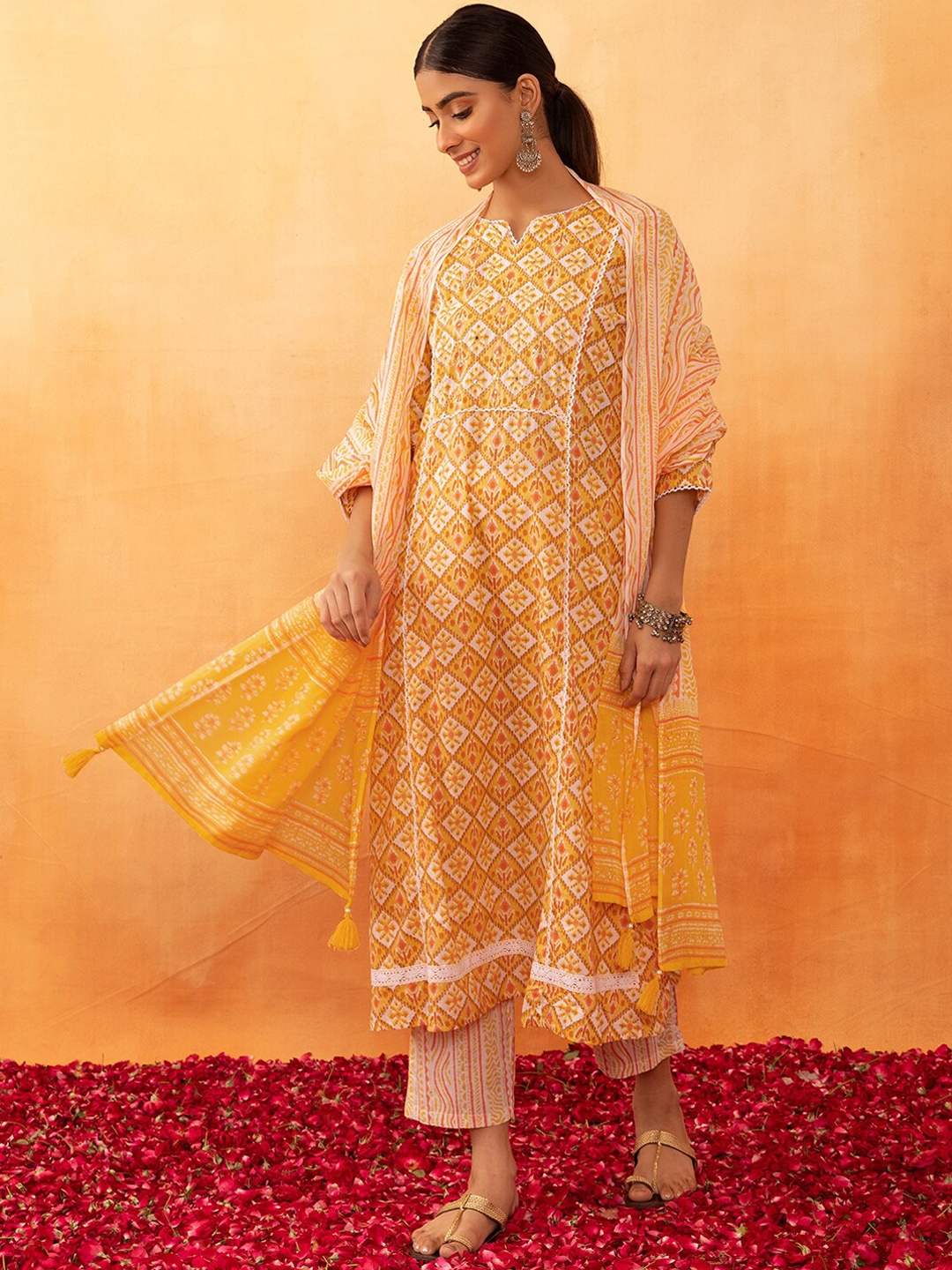 Rang by Indya Ikat Printed Sequinned Pure Cotton Kurta With Trousers & With Dupatta, Yellow
Rang by Indya Ikat Printed Sequinned Pure Cotton Kurta With Trousers & With Dupatta, Yellow