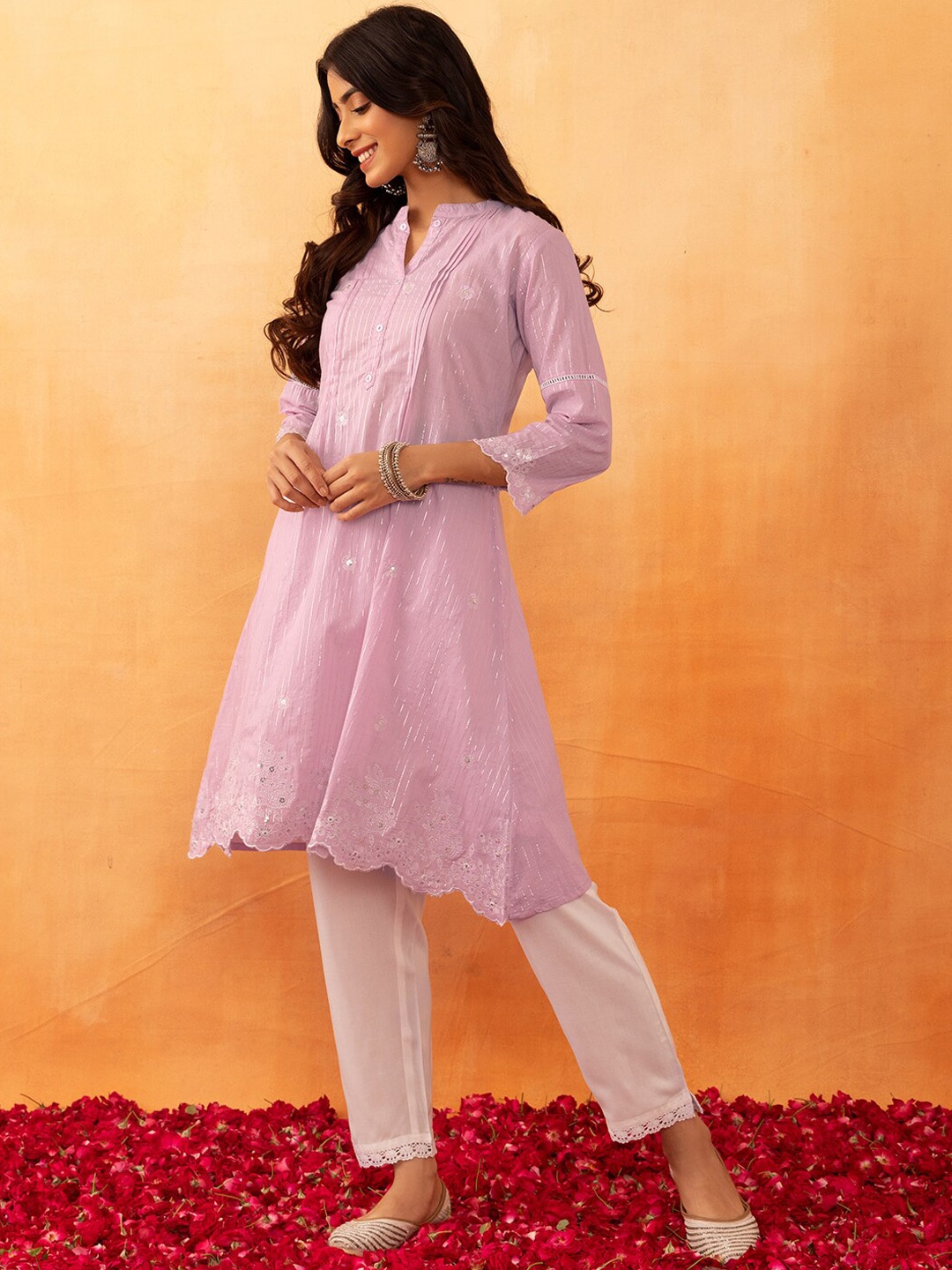 Rang by Indya Stiped Embroidered Regular A-Line Pure Cotton Kurta With Trousers, Purple
Rang by Indya Stiped Embroidered Regular A-Line Pure Cotton Kurta With Trousers, Purple