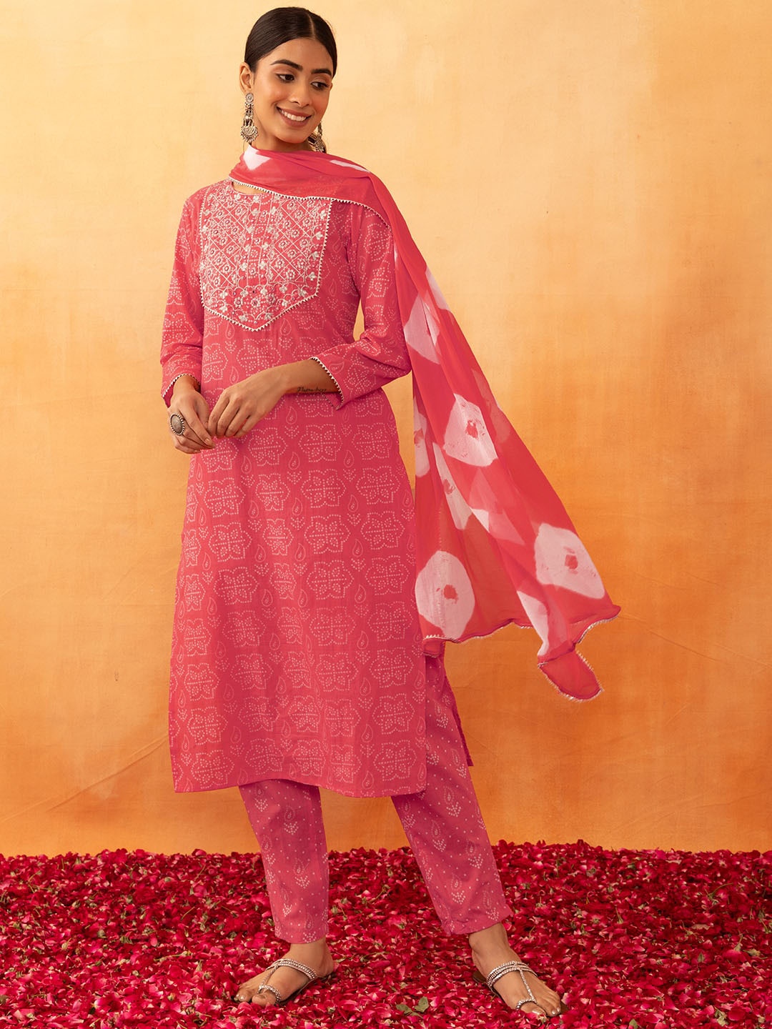 Rang by Indya Bandhani Printed Thread Work Pure Cotton Kurta With Trousers & Dupattta, Peach
Rang by Indya Bandhani Printed Thread Work Pure Cotton Kurta With Trousers & Dupattta, Peach