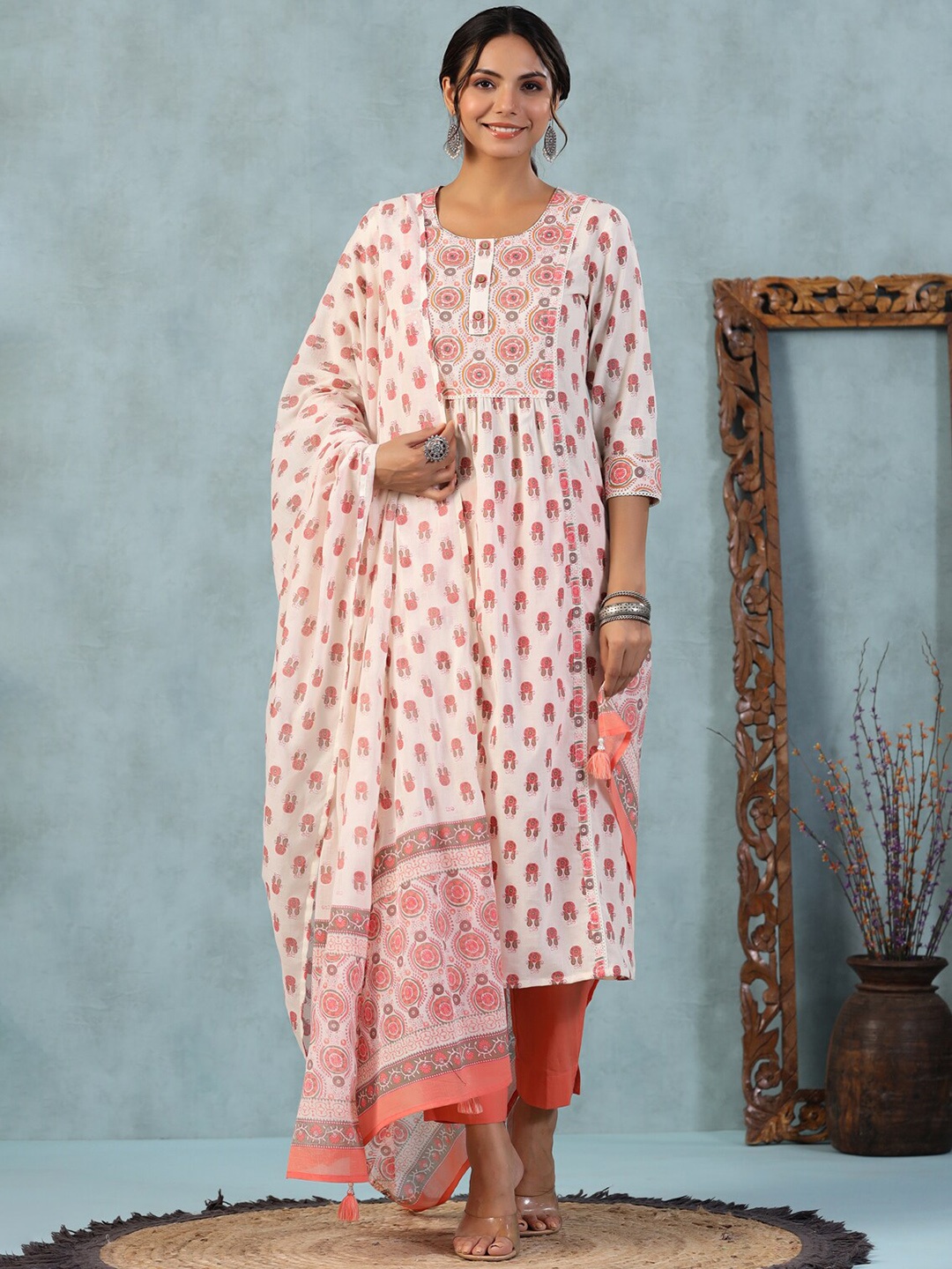 PIROH Ethnic Motifs Printed Pure Cotton Kurta With Trousers & With Dupatta, Coral
PIROH Ethnic Motifs Printed Pure Cotton Kurta With Trousers & With Dupatta, Coral