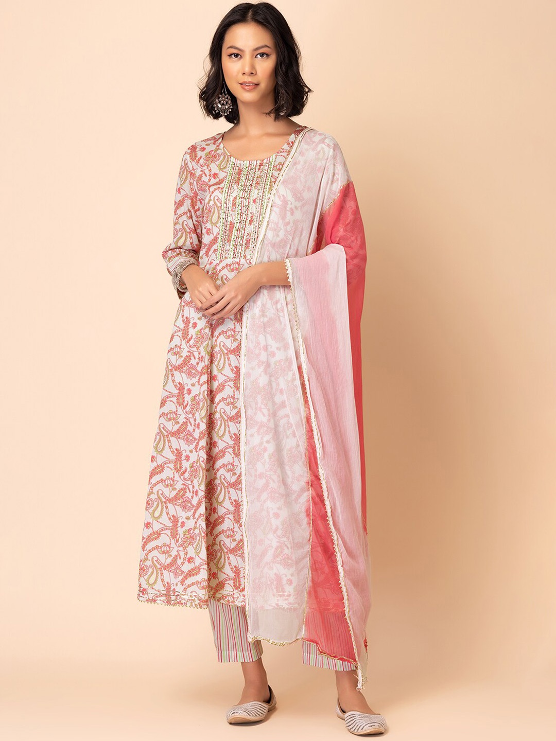 INDYA Floral Printed & Embroidered Cotton Anarkali Kurta With Trouser & Dupatta, Off white
INDYA Floral Printed & Embroidered Cotton Anarkali Kurta With Trouser & Dupatta, Off white