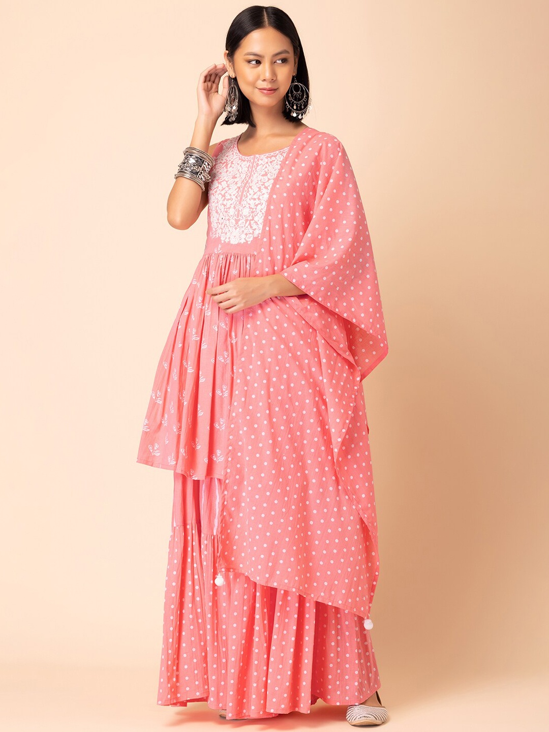 INDYA Ethnic Motifs Printed Mirror Work Pure Cotton A-Line Kurta With Sharara & Dupatta, Pink
INDYA Ethnic Motifs Printed Mirror Work Pure Cotton A-Line Kurta With Sharara & Dupatta, Pink