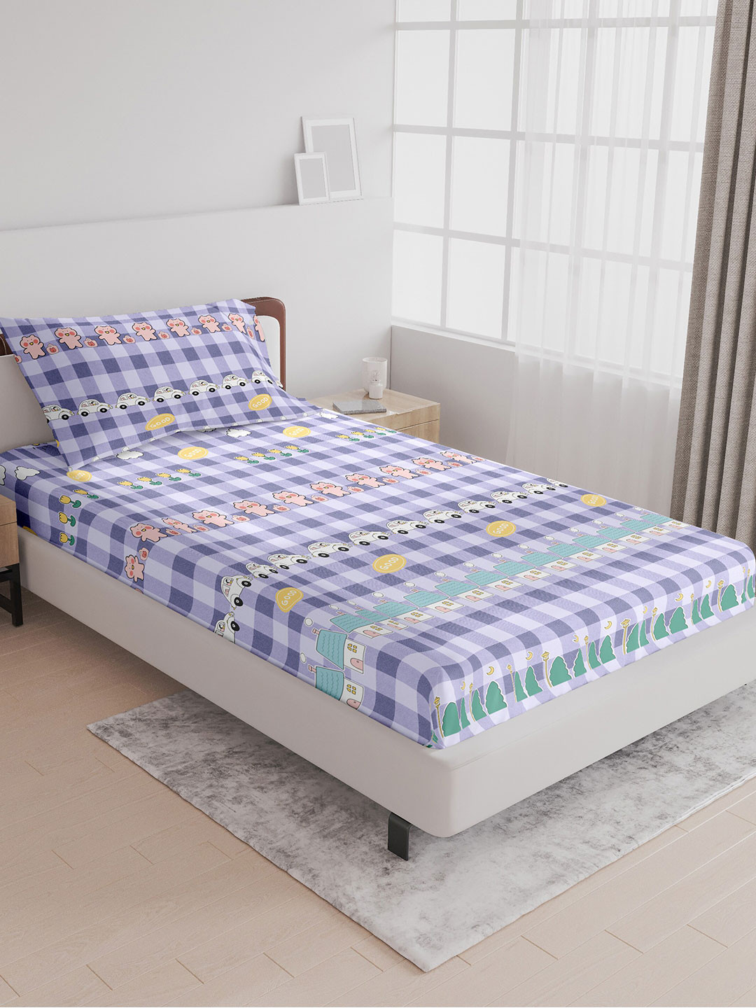 LABHAM Kids Mania Blue & White Graphic Cotton 144 TC Single Bedsheet With 1 Pillow Cover
LABHAM Kids Mania Blue & White Graphic Cotton 144 TC Single Bedsheet With 1 Pillow Cover
