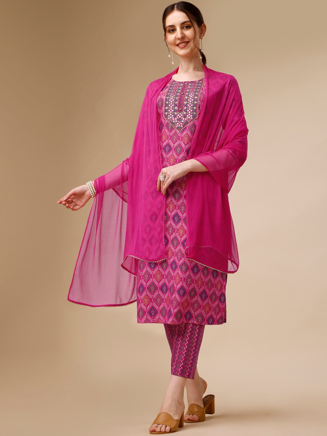 Berrylicious Ethnic Printed Mirror Work Chanderi Cotton Kurta With Trousers & Dupatta, Pink
Berrylicious Ethnic Printed Mirror Work Chanderi Cotton Kurta With Trousers & Dupatta, Pink