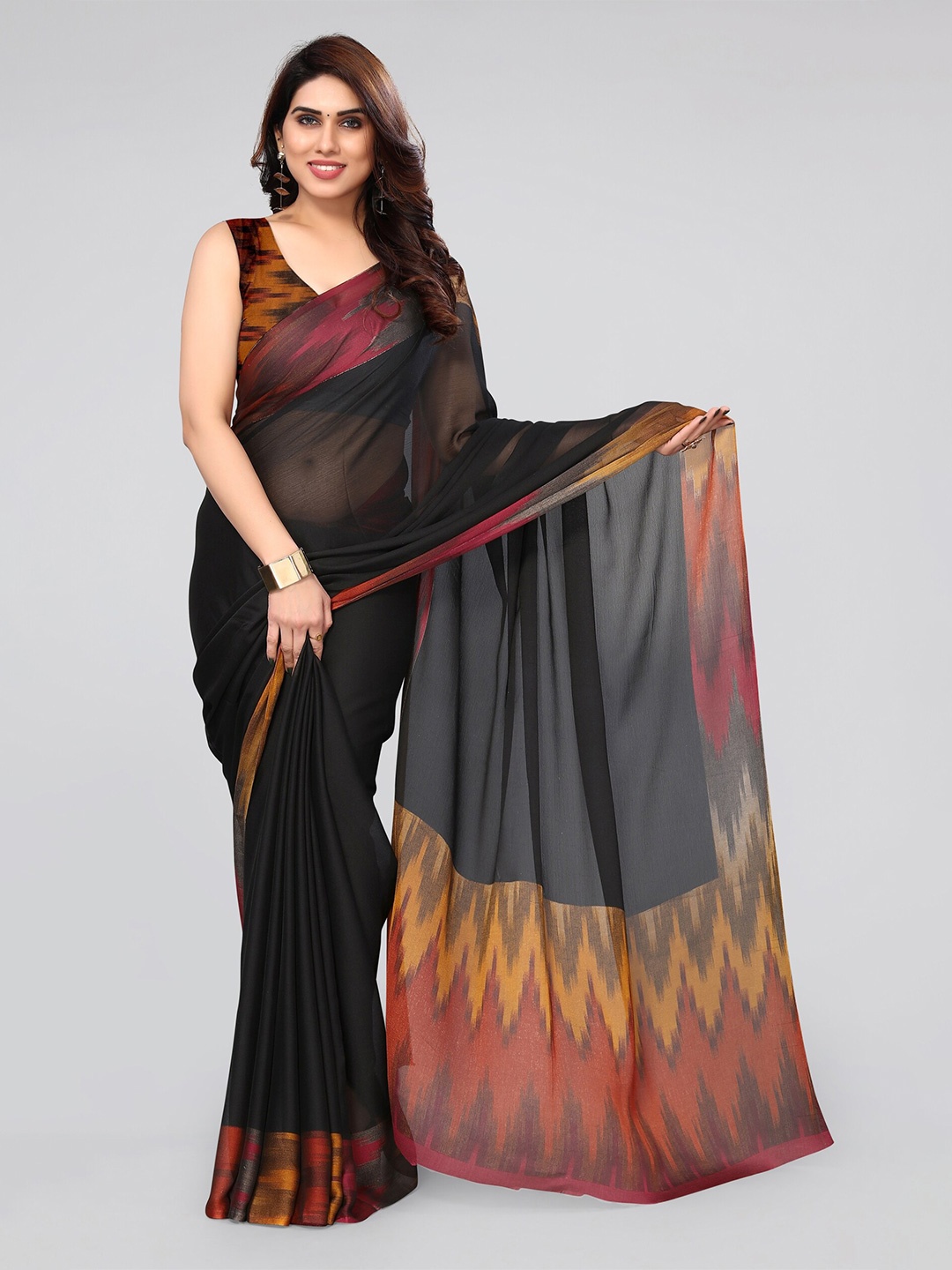 MIRCHI FASHION Black & Mustard Ikat Printed Saree