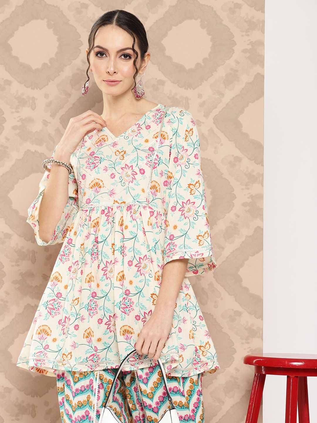 Yufta Women Floral Printed Regular Gotta Patti Pure Cotton Kurti with Dhoti Pants, Cream
Yufta Women Floral Printed Regular Gotta Patti Pure Cotton Kurti with Dhoti Pants, Cream