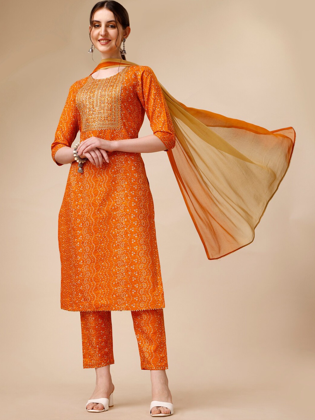 Berrylicious Bandhani Printed Thre Work Straight Kurta With Trousers & Dupatta, Orange
Berrylicious Bandhani Printed Thre Work Straight Kurta With Trousers & Dupatta, Orange