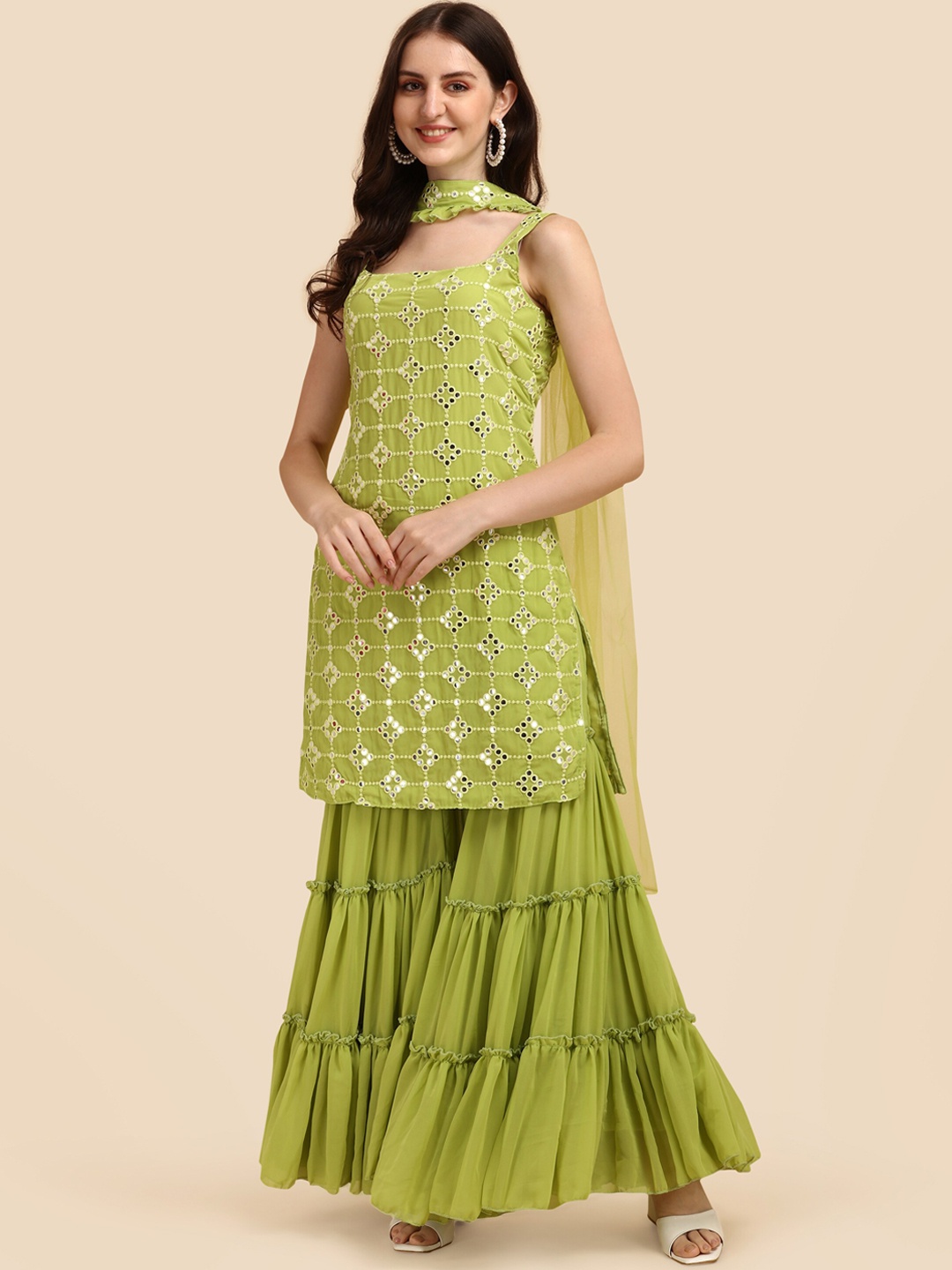 Virah Fashion Geometric Embroidered Mirror Work Kurta with Sharara & Dupatta, Lime green
Virah Fashion Geometric Embroidered Mirror Work Kurta with Sharara & Dupatta, Lime green