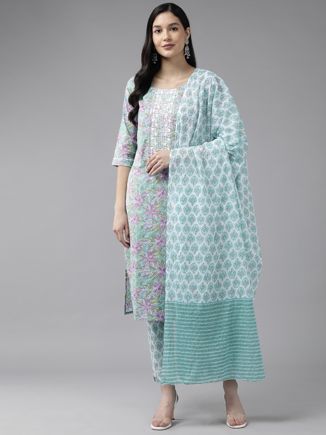 Yufta Women Floral Embroidered Sequinned Pure Cotton Kurta with Trousers & With Dupatta, Sea green
Yufta Women Floral Embroidered Sequinned Pure Cotton Kurta with Trousers & With Dupatta, Sea green