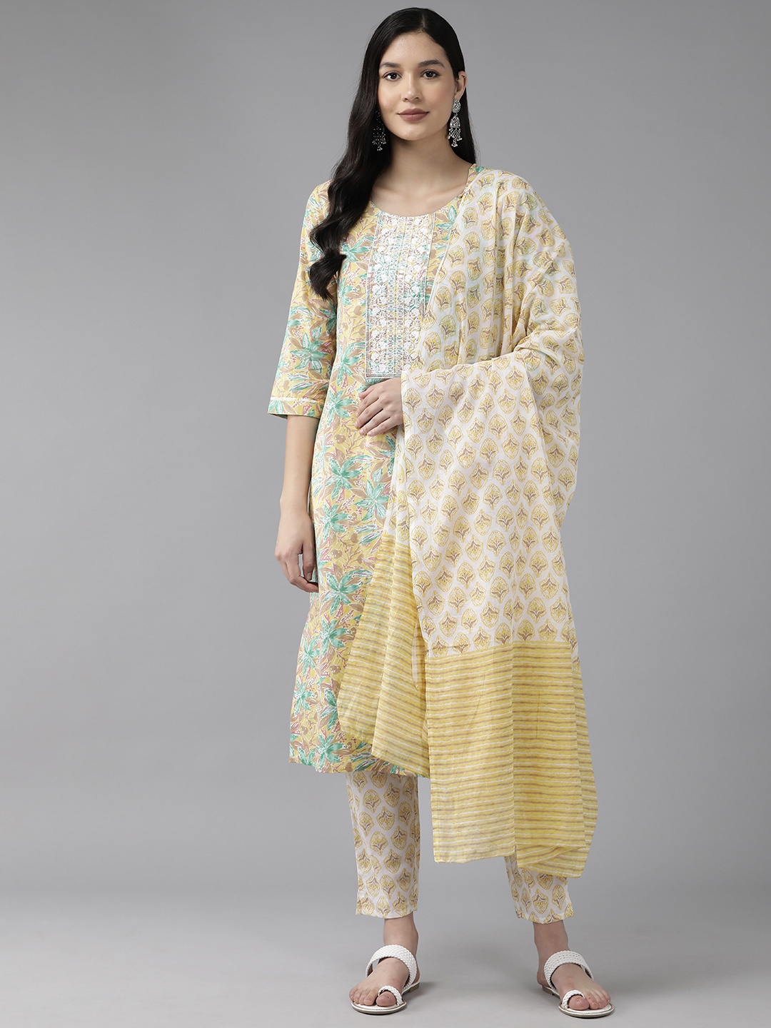 Yufta Women Floral Embroidered Sequinned Pure Cotton Kurta with Trousers & With Dupatta, Yellow
Yufta Women Floral Embroidered Sequinned Pure Cotton Kurta with Trousers & With Dupatta, Yellow