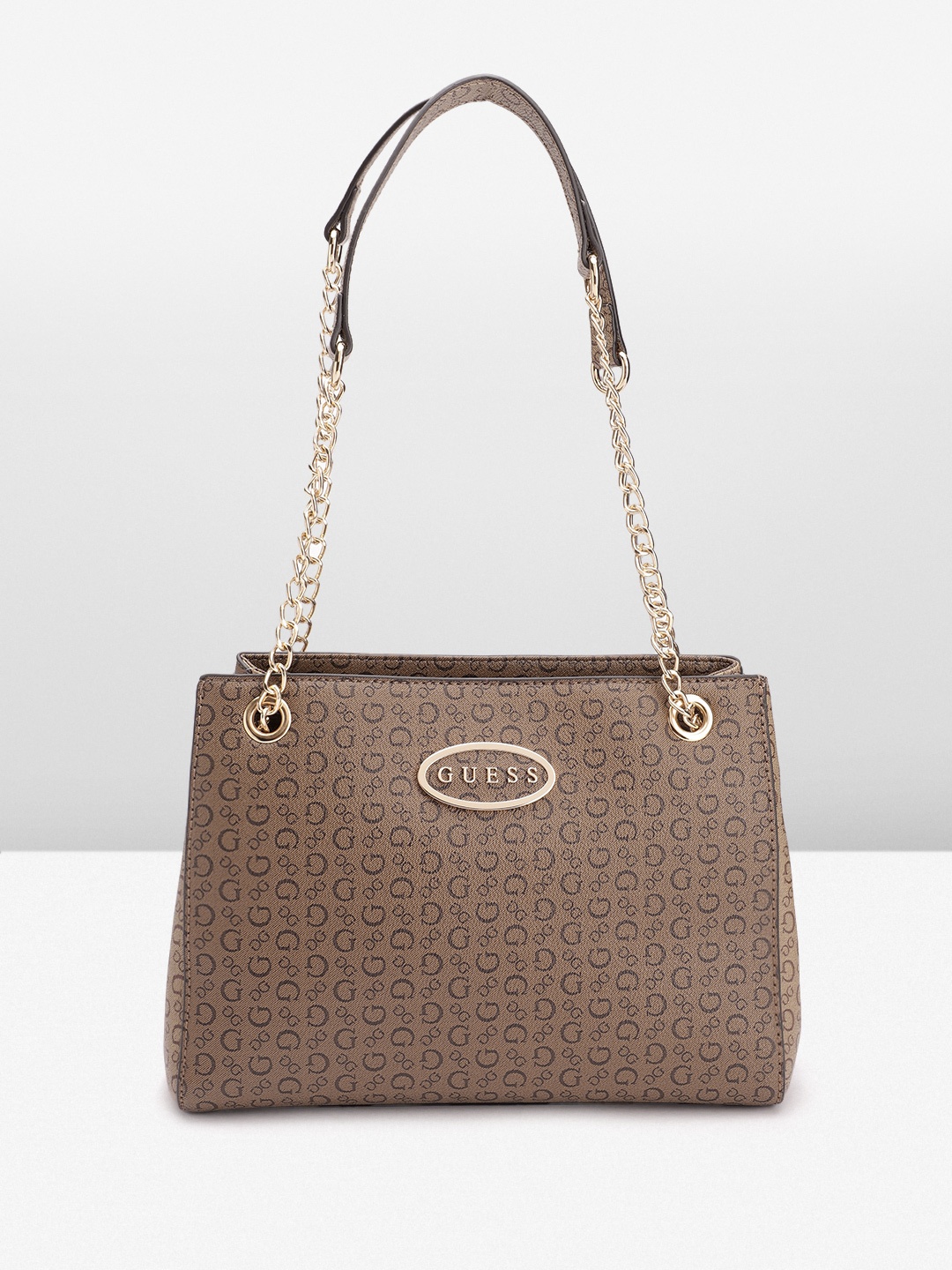 GUESS Brand Logo Printed Structured Shoulder Bag, Brown