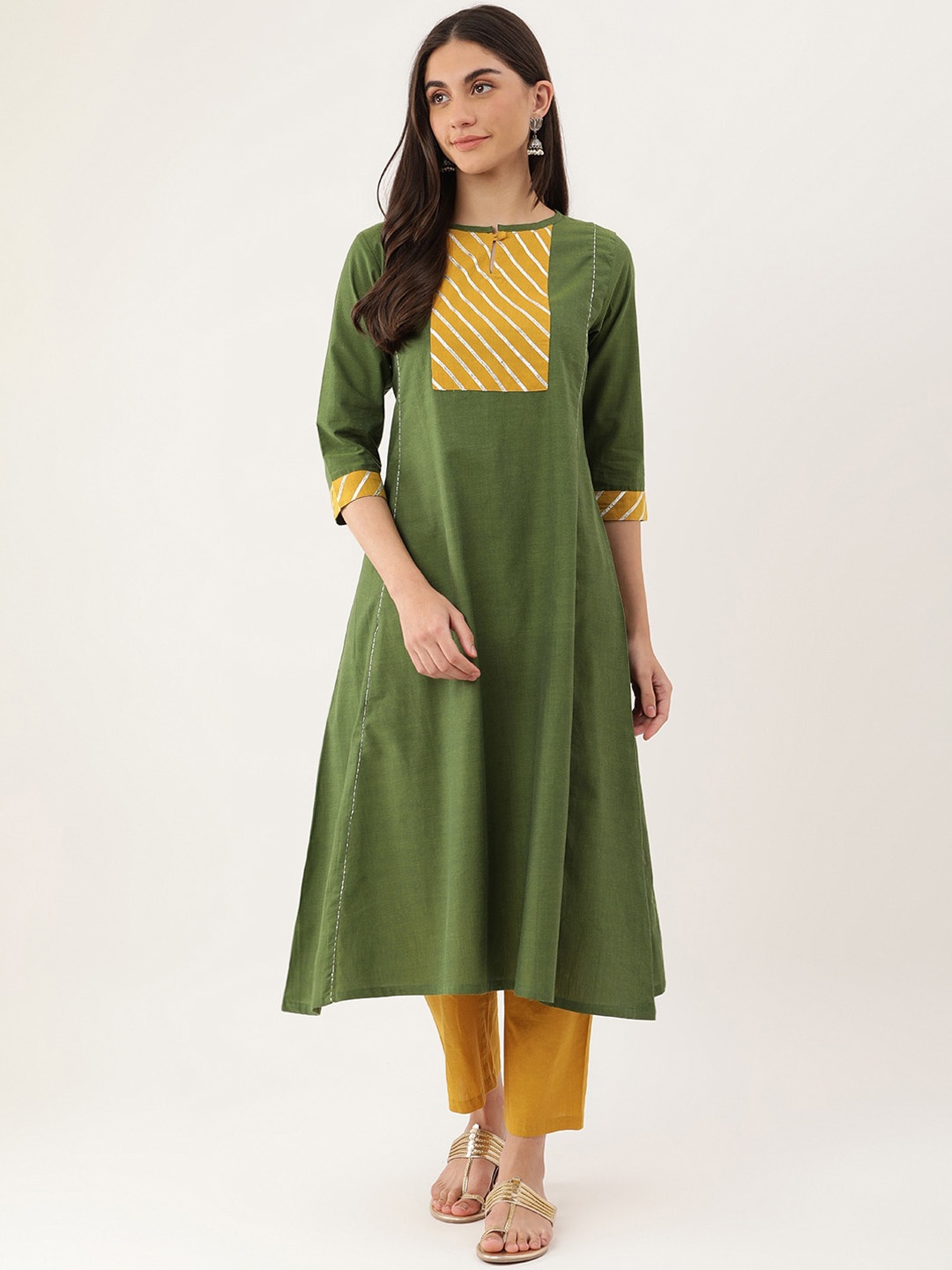Lokatita Striped Yoke Design Gathred Or Pleated Gotta Patti Pure Cotton Anarkali Kurta, Green
Lokatita Striped Yoke Design Gathred Or Pleated Gotta Patti Pure Cotton Anarkali Kurta, Green
