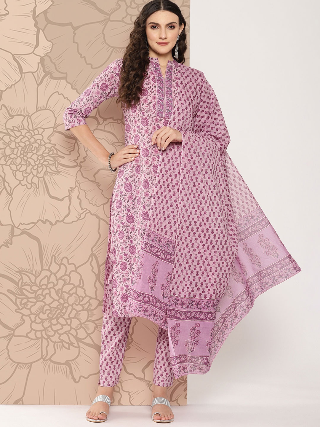 Yufta Women Floral Printed Regular Sequinned Pure Cotton Kurta with Trousers & Dupatta, Pink
Yufta Women Floral Printed Regular Sequinned Pure Cotton Kurta with Trousers & Dupatta, Pink