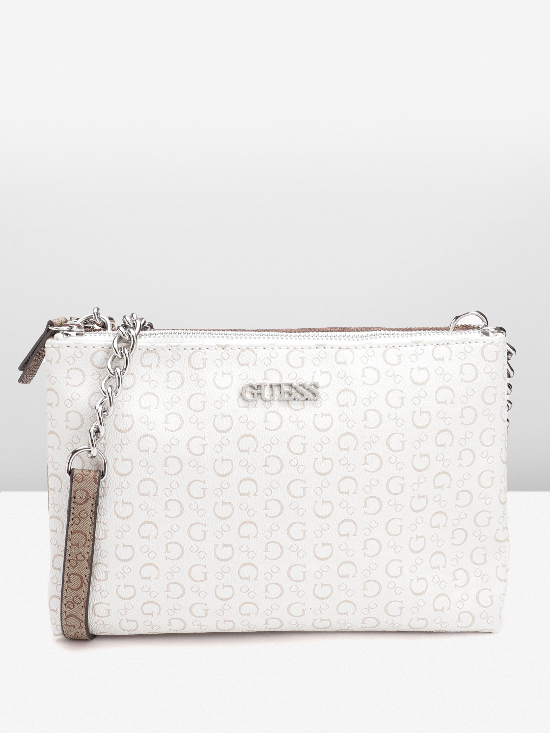 GUESS Brand Logo Printed Structured Sling Bag, White 
GUESS Brand Logo Printed Structured Sling Bag, White