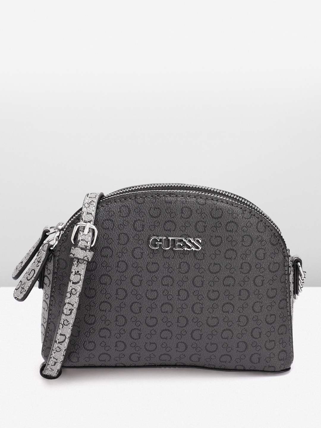 GUESS Brand Logo Printed Half Moon Sling Bag, Charcoal