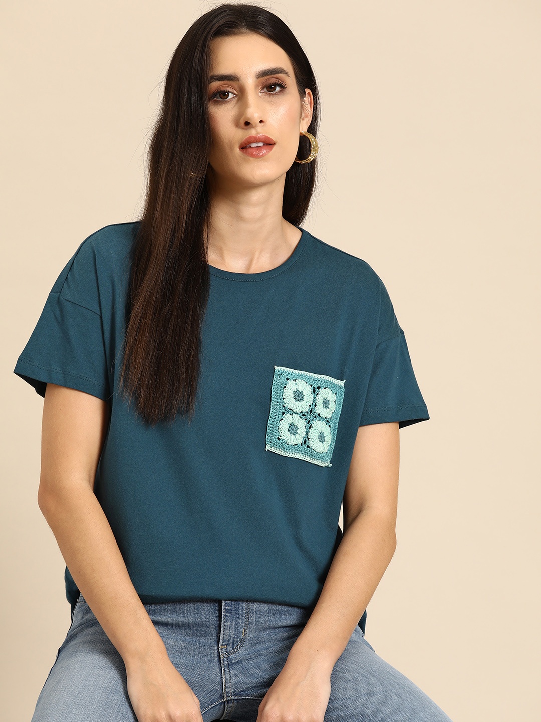all about you Pure Cotton Embroidered Pocket T-shirt, Teal