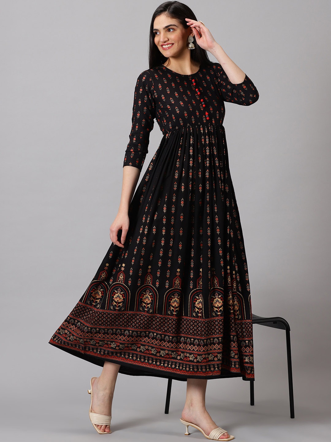 PURSHOTTAM WALA Ethnic Motifs Printed Fit and Flare Maxi Ethnic Dress, Black