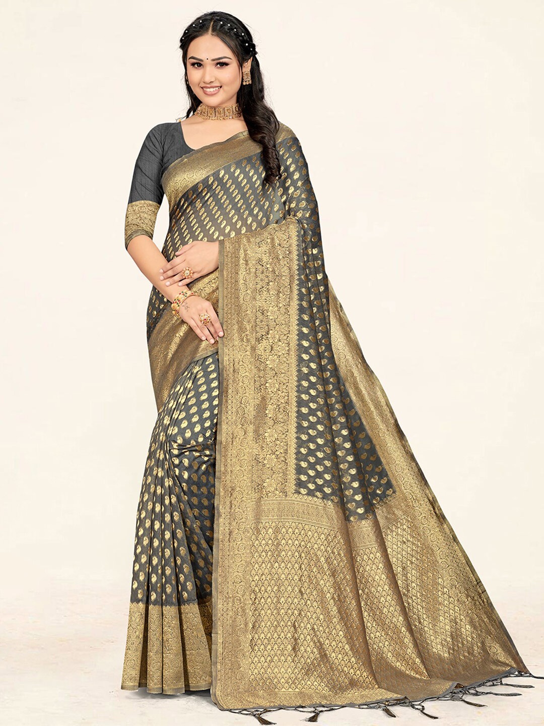 SANGAM PRINTS Paisley Woven Design Zari Saree, Grey
