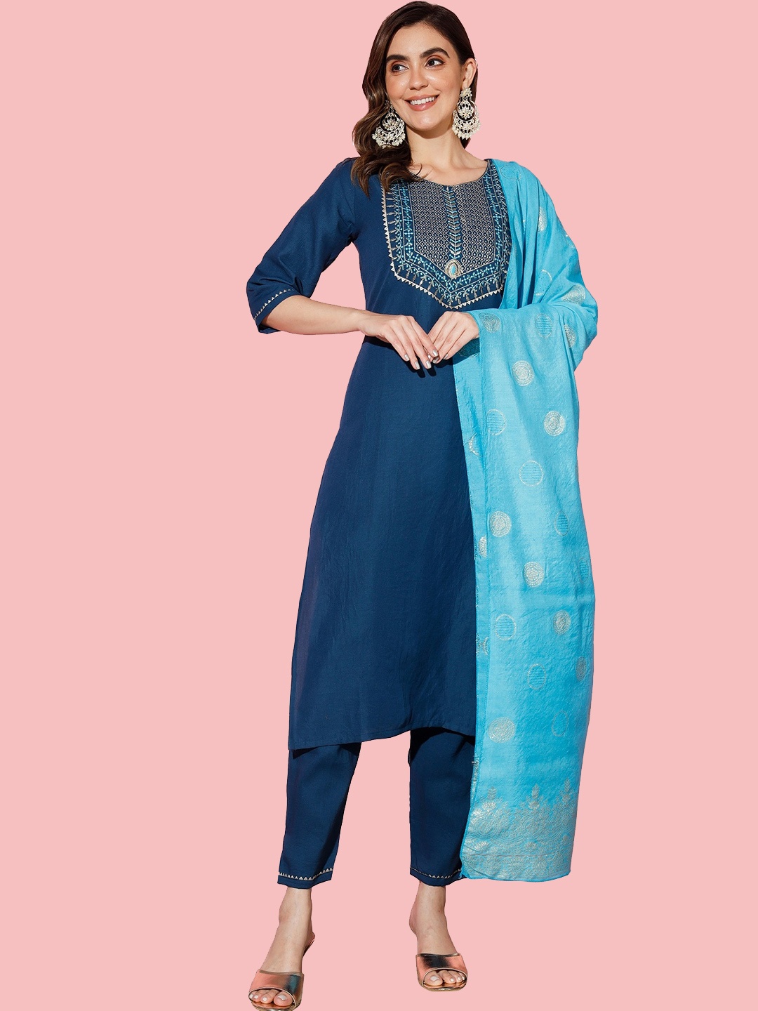 KALINI Embroidered Kurta with Trousers & Dupatta, Teal