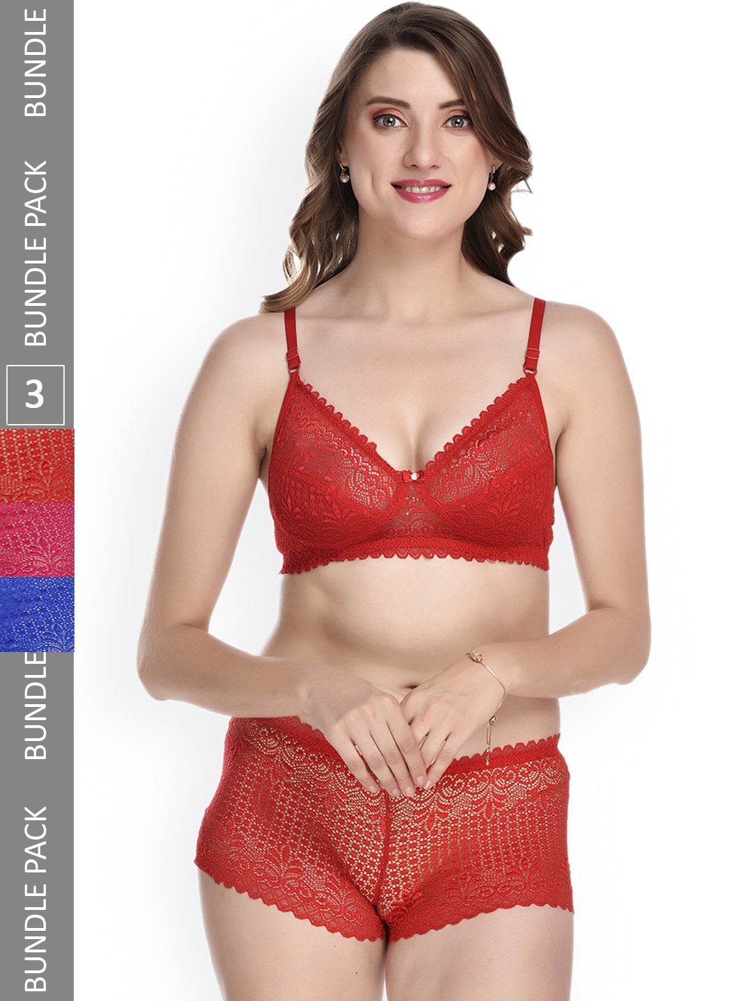 AROUSY Pack Of 3 Laced Lingerie Set, Blue