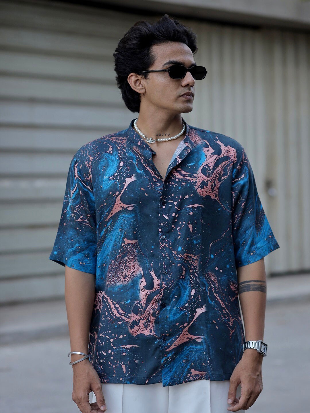 ADDY'S for men Comfort Fit Abstract Printed Satin Casual Shirt, Blue