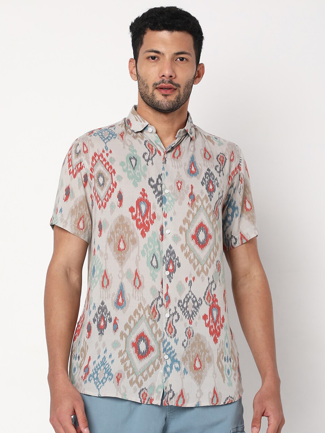 7Shores Classic Ethnic Printed Casual Shirt, Beige
