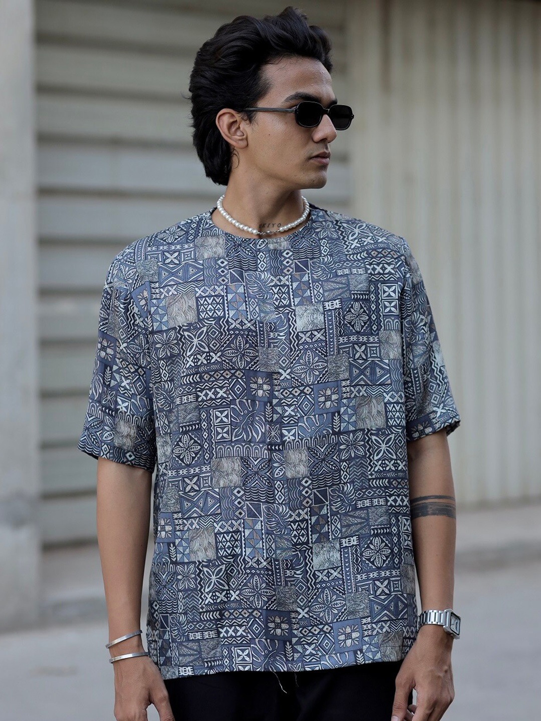 ADDY'S for men Floral Printed Linen Straight Kurta, Grey