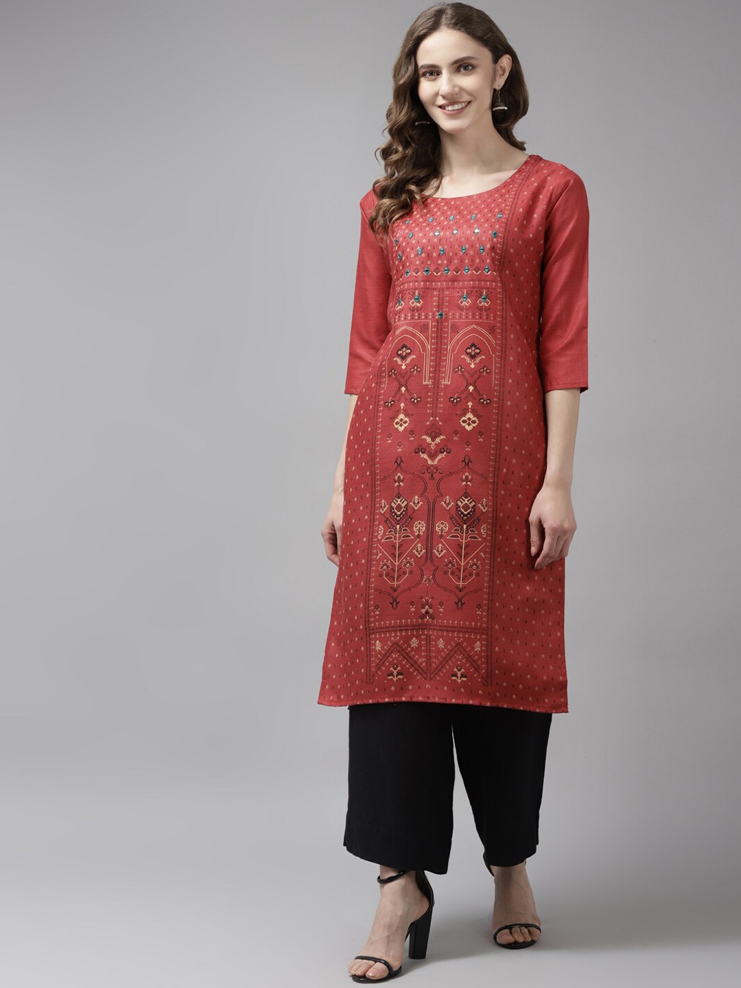 BAESD Floral Printed Mirror Work Kurta, Red