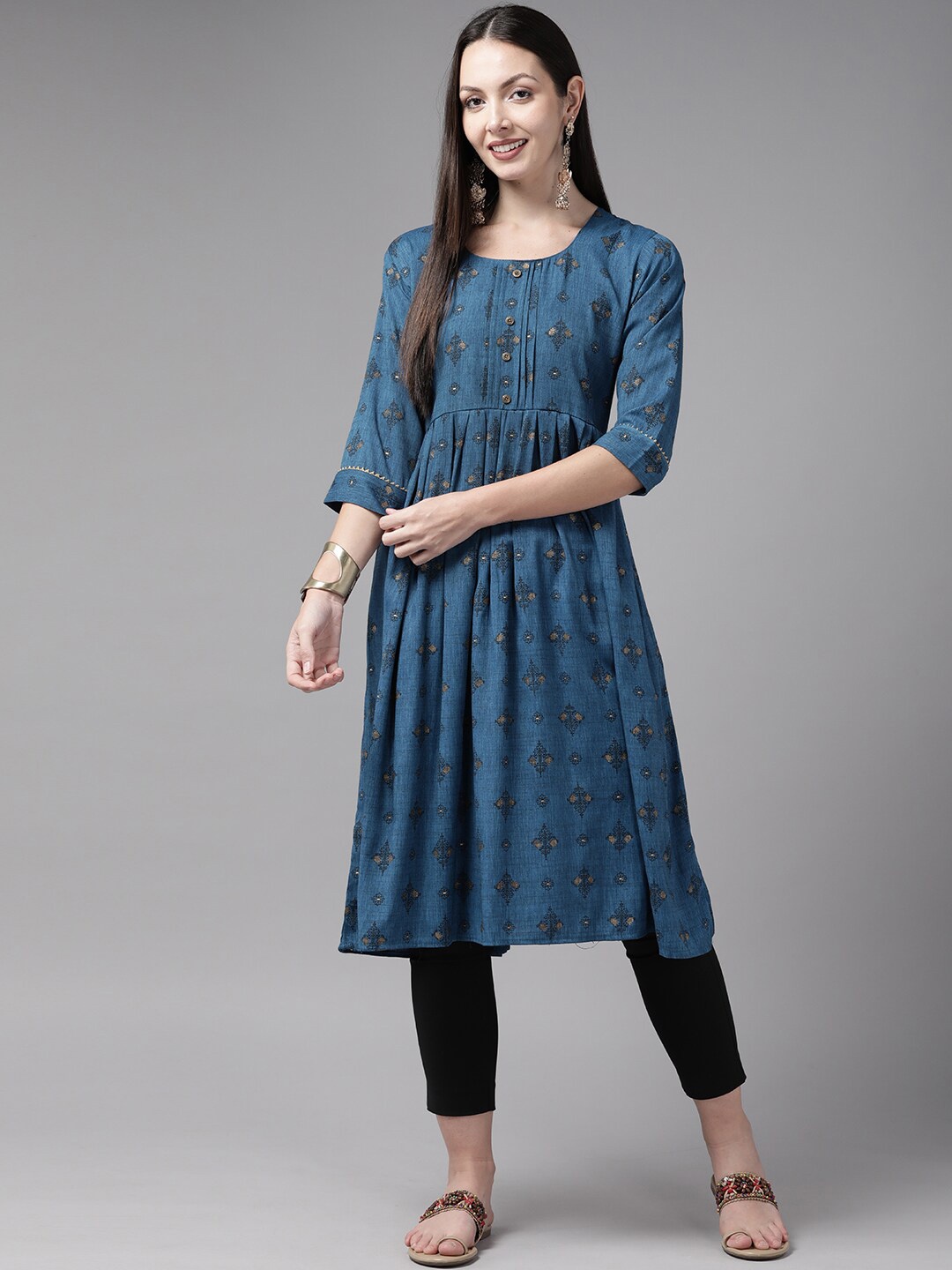 BAESD Ethnic Motifs Printed A-Line Pleated Cotton Kurta, Navy blue