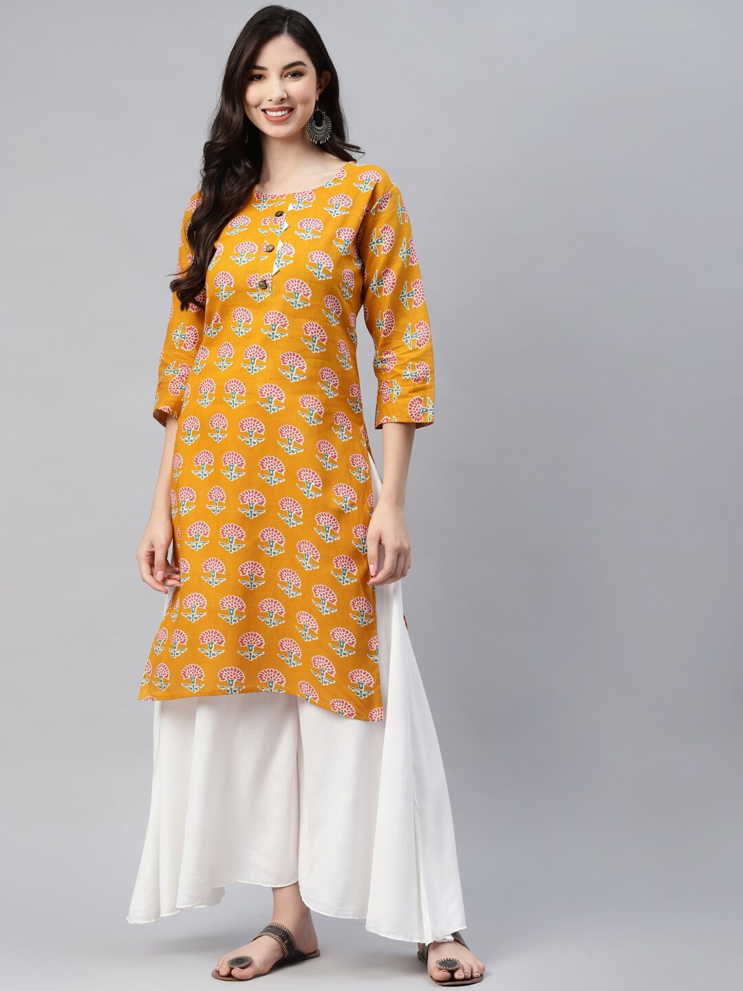 BAESD Floral Printed Straight Cotton Kurta, Mustard