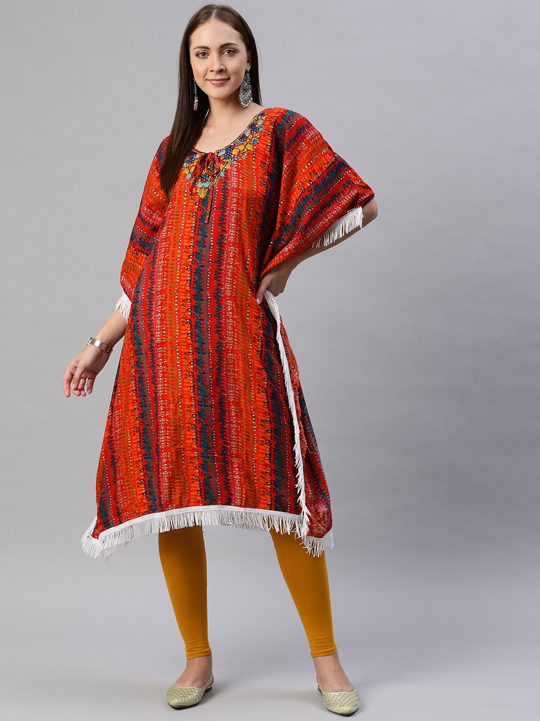 BAESD Ethnic Motifs Printed Mirror Work Kaftan Kurta, Red