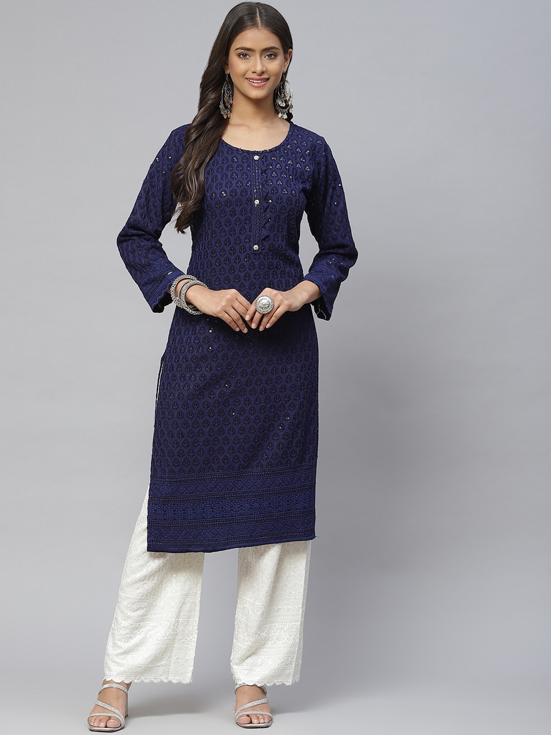BAESD Sequinned Cotton Straight Kurta, Navy blue