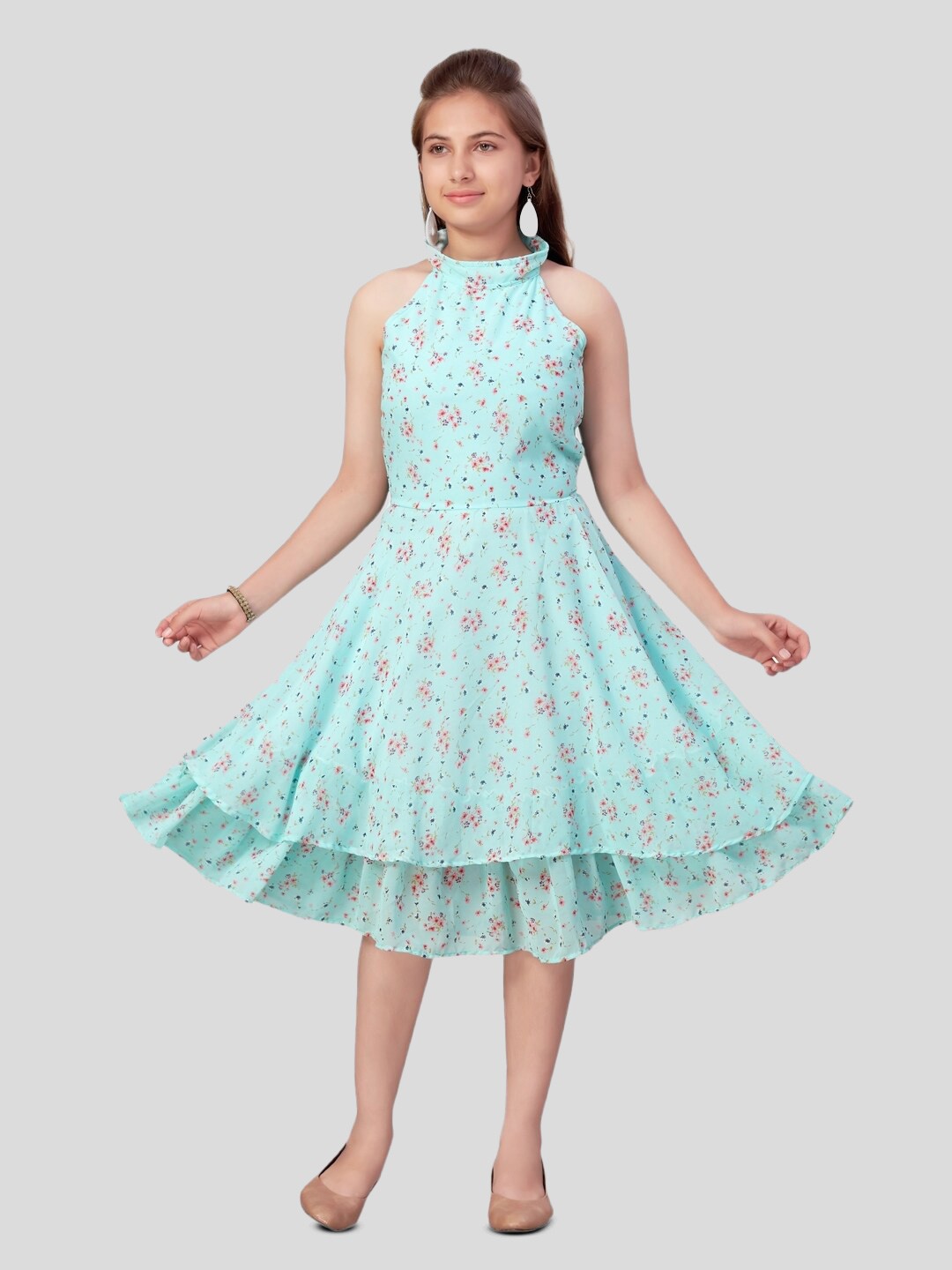 BAESD Girls Floral Printed Georgette Fit & Flare Midi Dress, Turquoise blue