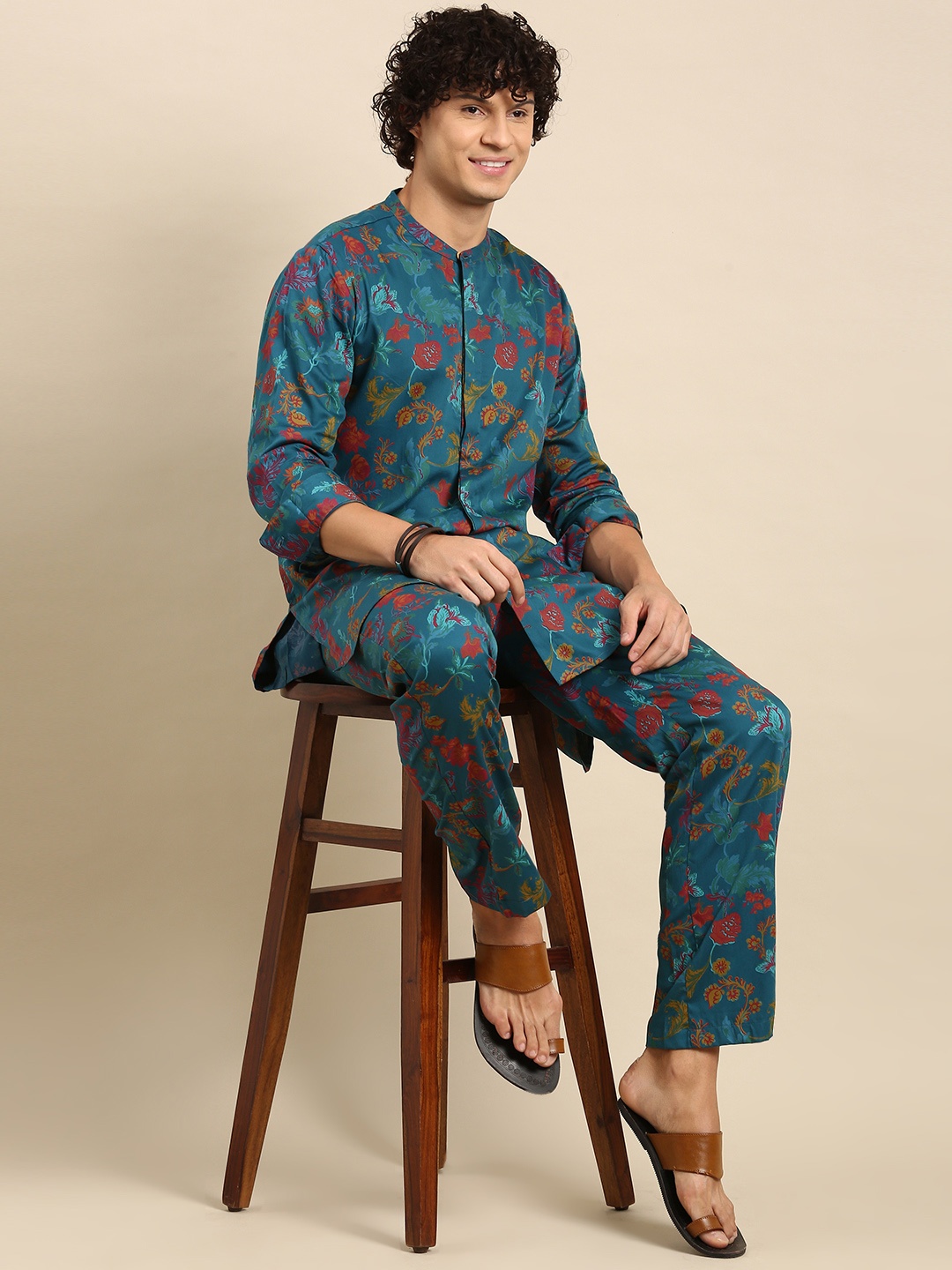 Sangria Printed Cotton Regular Kurta with Trousers, Blue