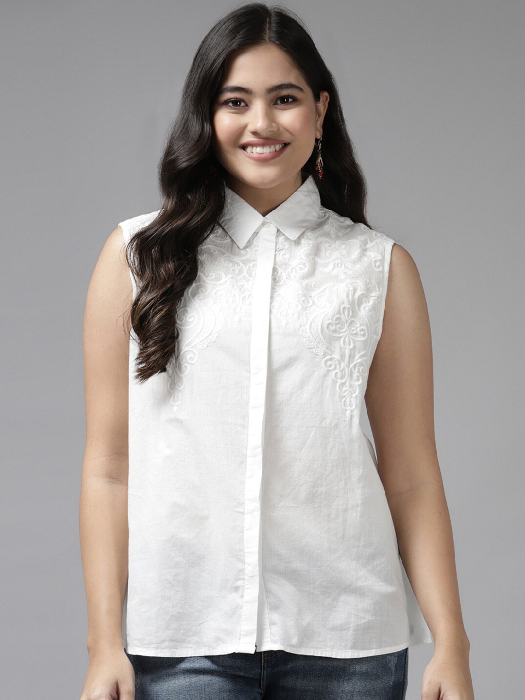 BAESD PU Coated Georgette Shirt Style Top, White