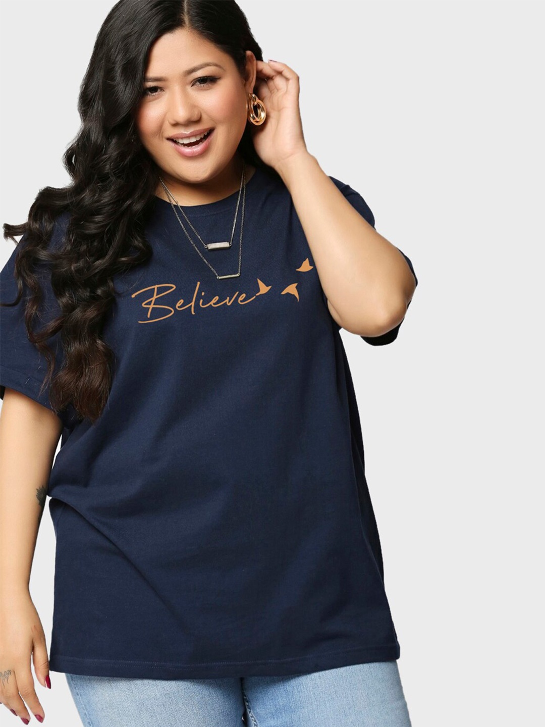 Bewakoof Women Minimal Believe Graphic Printed Plus Size Boyfriend T-shirt, Navy blue
Bewakoof Women Minimal Believe Graphic Printed Plus Size Boyfriend T-shirt, Navy blue