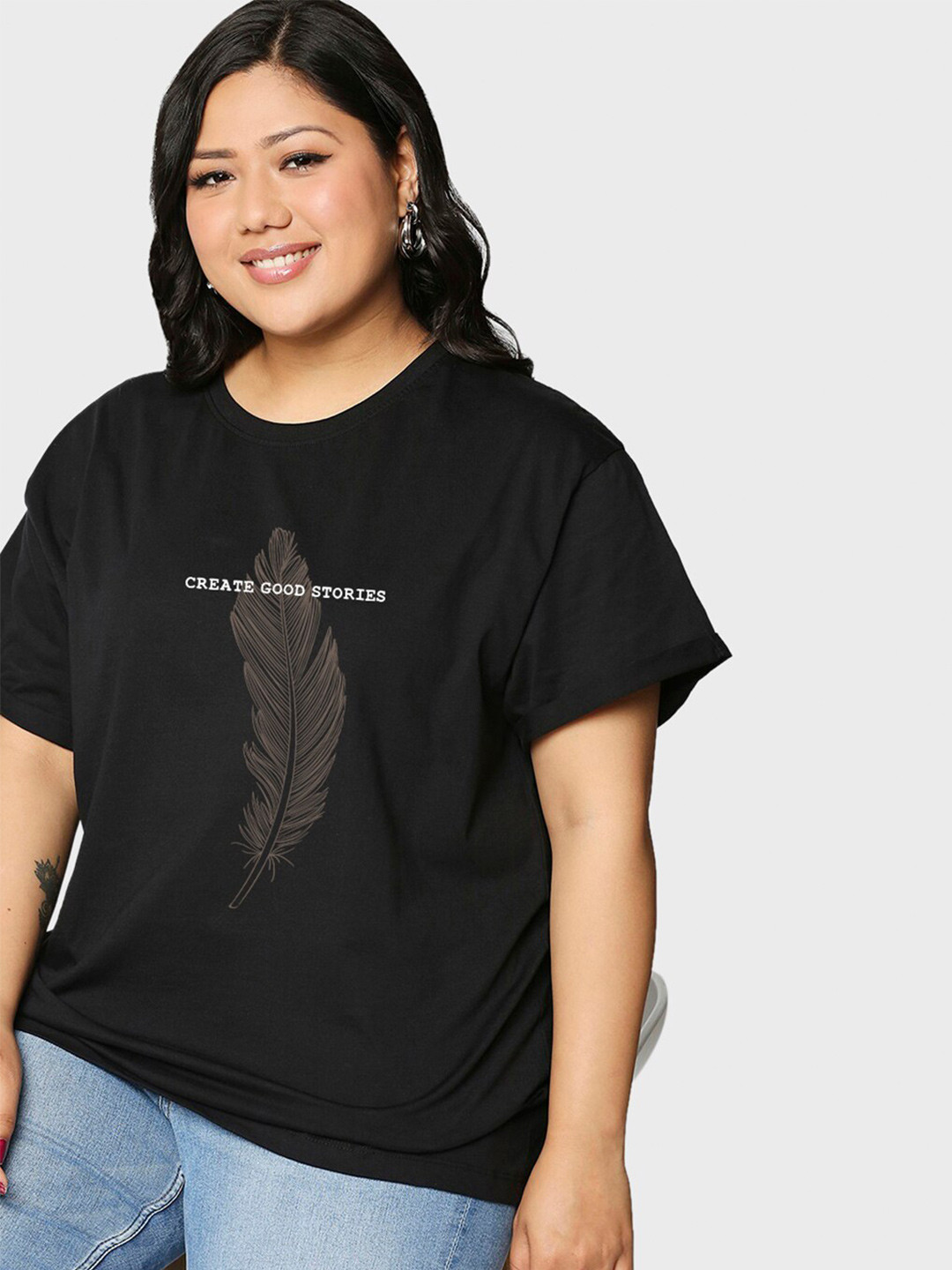 Bewakoof Create Good Stories Typography Print Plus Size Boyfriend Fit T-shirt, Black
Bewakoof Create Good Stories Typography Print Plus Size Boyfriend Fit T-shirt, Black