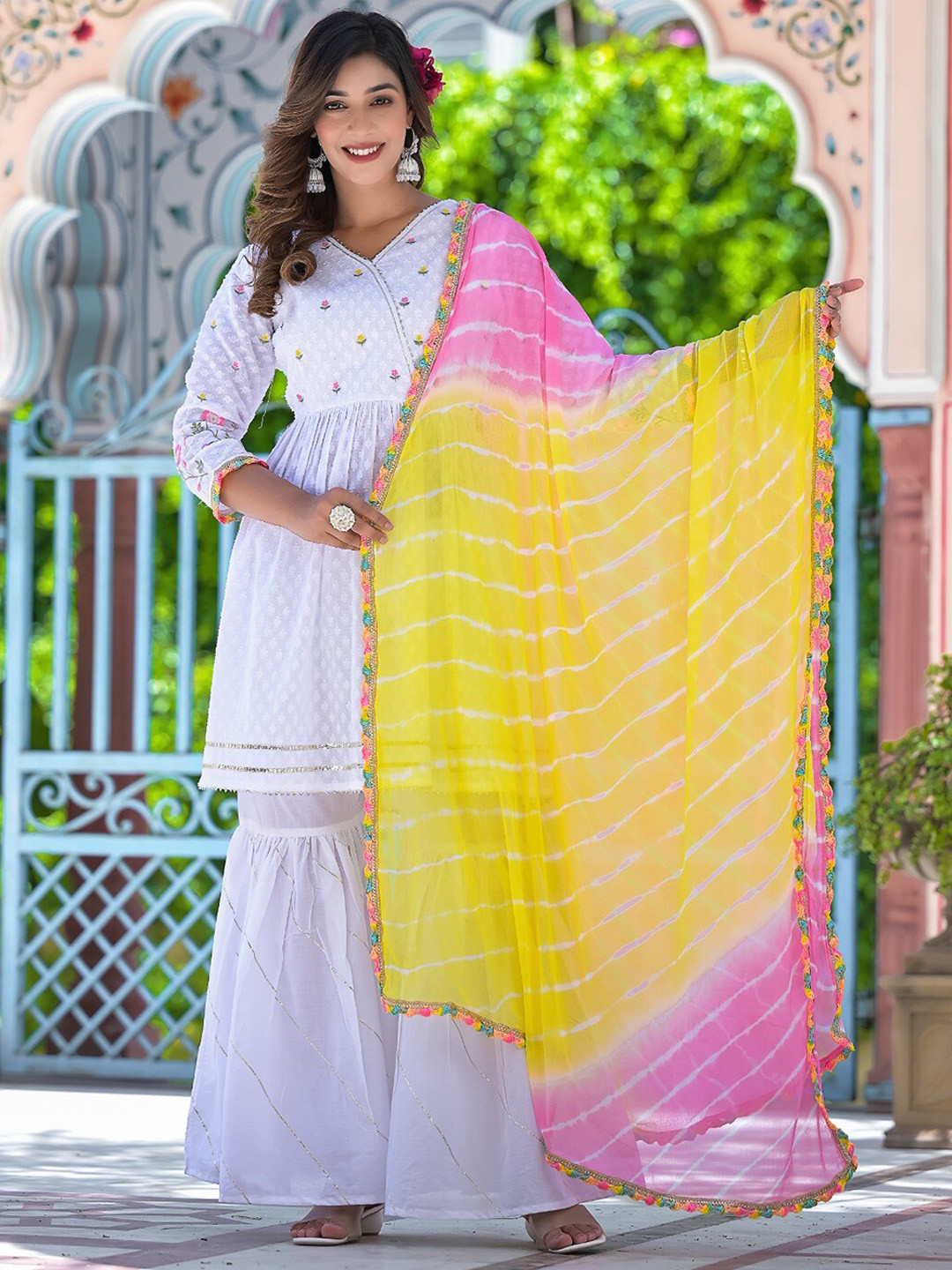 Hatheli Ethnic Motifs Angrakha Thread Work Pure Cotton Kurta With Sharara & Dupatta, White
Hatheli Ethnic Motifs Angrakha Thread Work Pure Cotton Kurta With Sharara & Dupatta, White